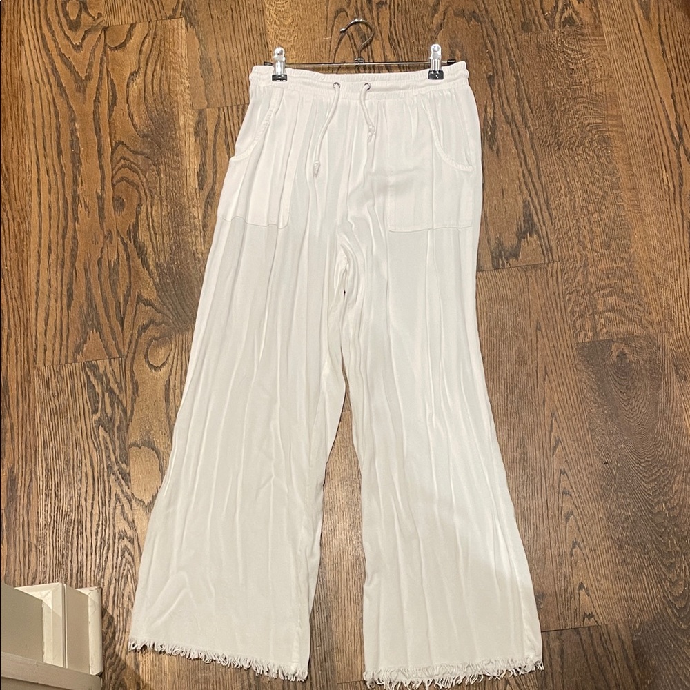 White Fringe Hem Pants